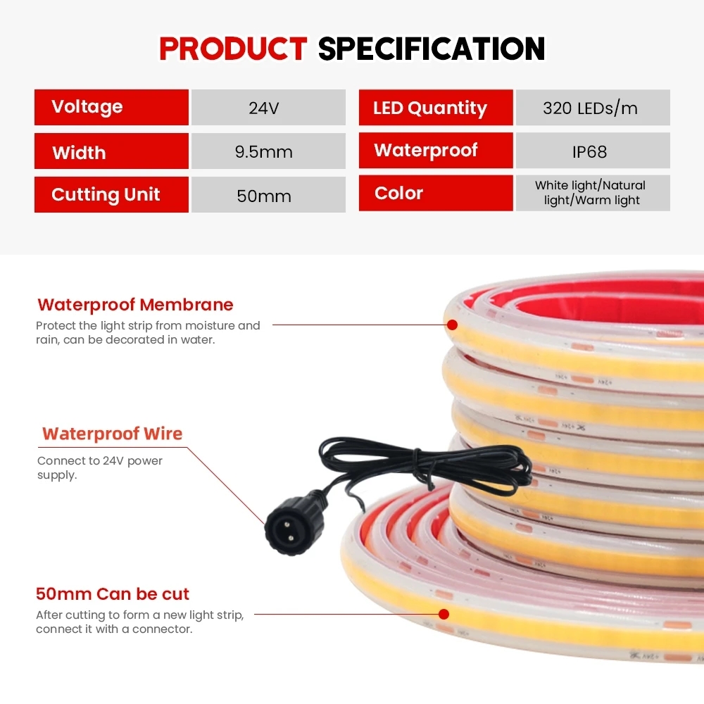 ไฟ LED แบบริบบิ้น COB 24V กันน - Outdoor Power Strip Weatherproof บทวิจารณ์และราคา
